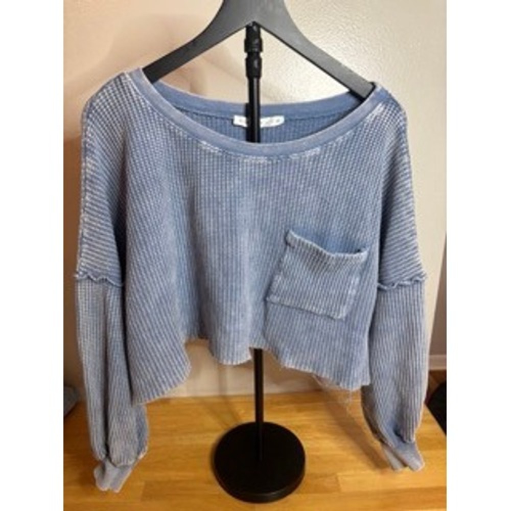 Altar'D State Blue Waffle Knit Cropped Long Sleeve Top Women's S M